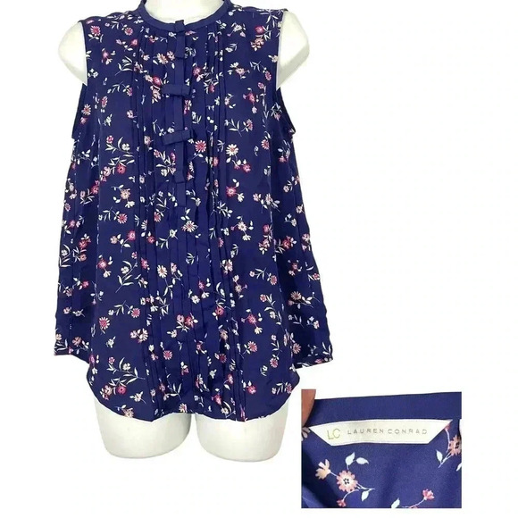 LC by Lauren Conrad Blue Floral Print Top Blouse SMALL Sleeveless - Picture 1 of 11